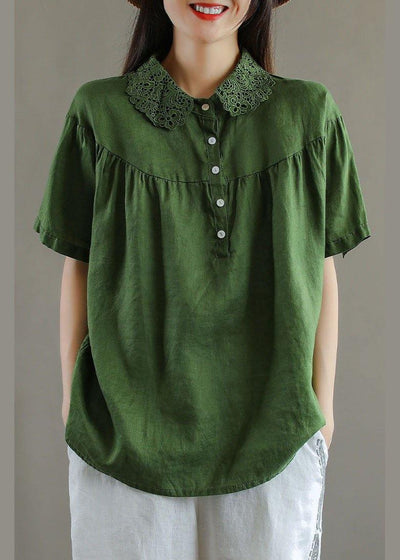 Boutique Green Peter Pan Collar Button Linen Summer Shirt Tops - bagstylebliss