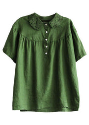 Boutique Green Peter Pan Collar Button Linen Summer Shirt Tops - bagstylebliss