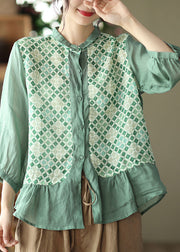 Boutique Green Ruffles Peter Pan Collar Linen Tops Three Quarter sleeve