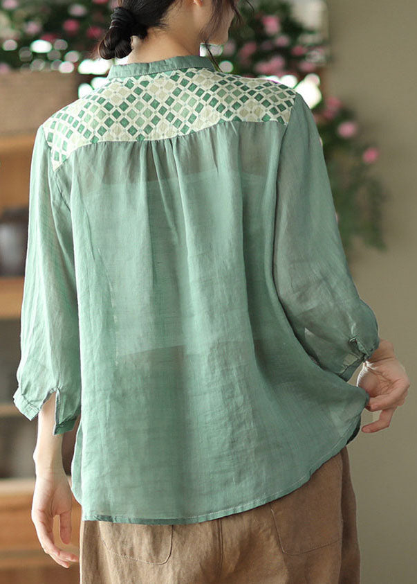 Boutique Green Ruffles Peter Pan Collar Linen Tops Three Quarter sleeve