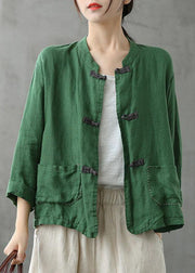 Boutique Green Stand Collar Embroideried Patchwork Linen Coat - bagstylebliss