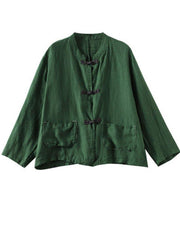 Boutique Green Stand Collar Embroideried Patchwork Linen Coat - bagstylebliss