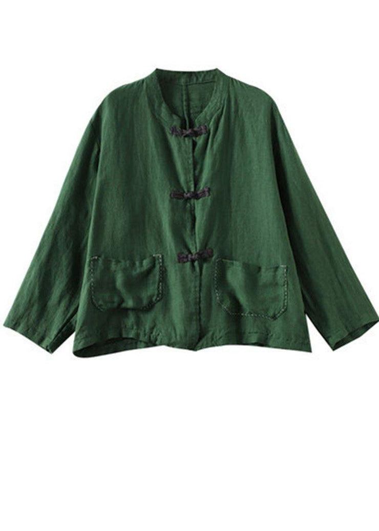 Boutique Green Stand Collar Embroideried Patchwork Linen Coat - bagstylebliss