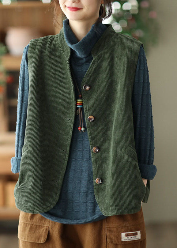 Boutique Green Stand Collar Solid Corduroy Vest Tops Fall