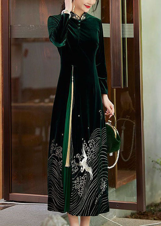 Boutique Green Tasseled Embroidered Patchwork Velour Dresses Spring