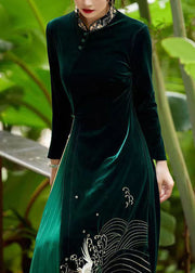 Boutique Green Tasseled Embroidered Patchwork Velour Dresses Spring