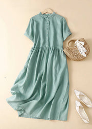 Boutique Green Turn-down Collar Button Linen Vacation Dresses Short Sleeve