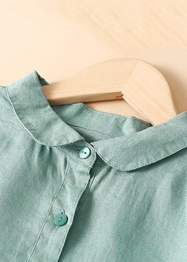 Boutique Green Turn-down Collar Button Linen Vacation Dresses Short Sleeve