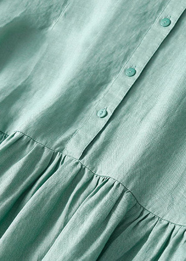 Boutique Green Turn-down Collar Button Linen Vacation Dresses Short Sleeve