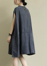 Boutique Grey Stand Collar Patchwork Solid Mid Dress Summer