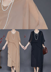 Boutique Khaki Asymmetrical Chiffon Long Dresses Cloak Sleeves