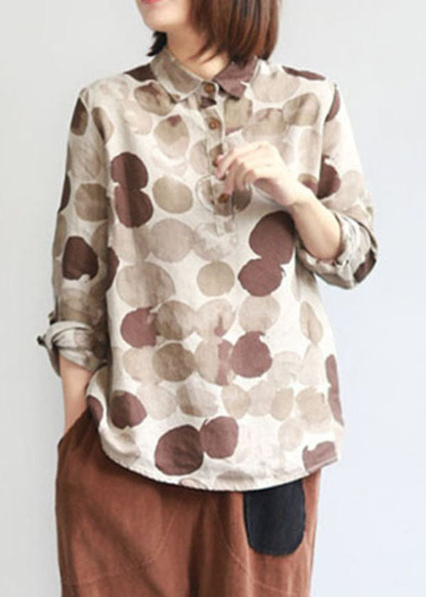 Boutique Khaki Peter Pan Collar Chocolate Dot Print Linen Shirt Tops Long Sleeve