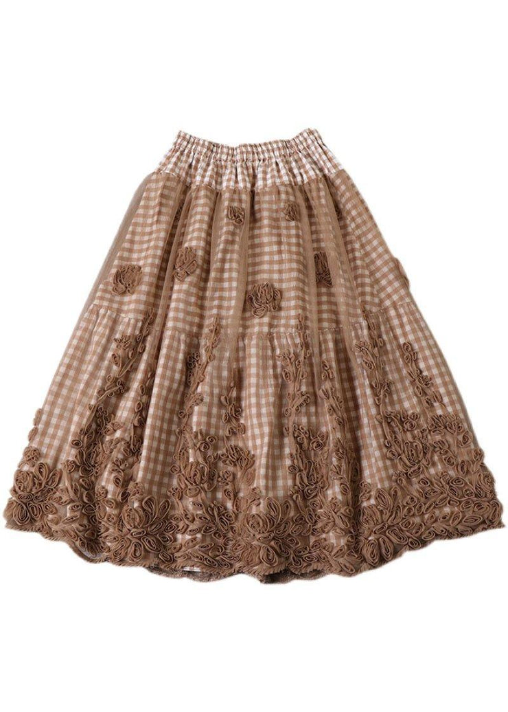 Boutique Khaki Plaid Tulle Patchwork Fall Floral Skirts - bagstylebliss