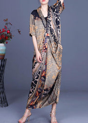 Boutique Khaki Print Overlapping asymmetrical design Silk Summer Maxi Dress - bagstylebliss