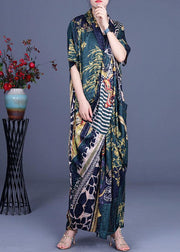 Boutique Khaki Print Overlapping asymmetrical design Silk Summer Maxi Dress - bagstylebliss