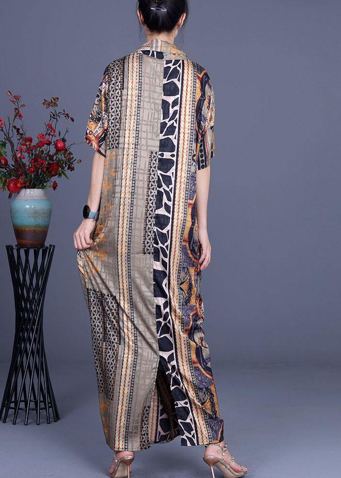 Boutique Khaki Print Overlapping asymmetrical design Silk Summer Maxi Dress - bagstylebliss