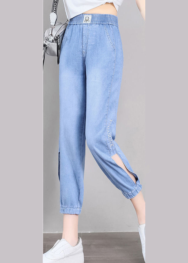 Boutique Light Blue Embroideried Pockets Side Open Cotton Harem Crop Pants Summer