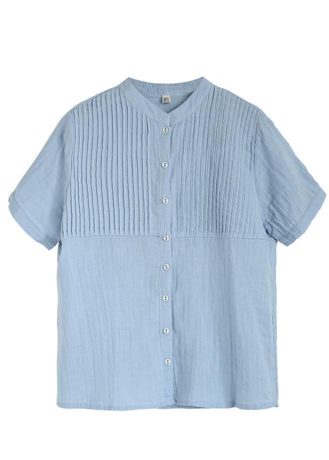 Boutique Light Blue Stand Collar Button Cotton Summer Top - bagstylebliss