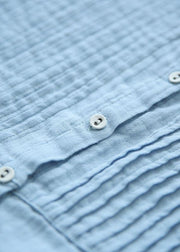 Boutique Light Blue Stand Collar Button Cotton Summer Top - bagstylebliss