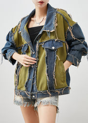 Boutique Navy Asymmetrical Patchwork Applique Denim Coat Spring