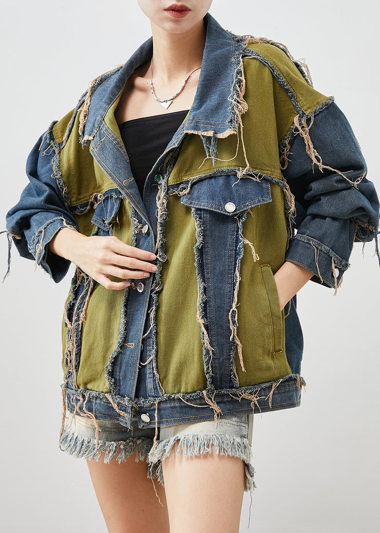 Boutique Navy Asymmetrical Patchwork Applique Denim Coat Spring