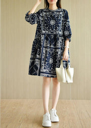 Boutique Navy Loose O-Neck Print Summer Cotton Dress Half Sleeve - bagstylebliss