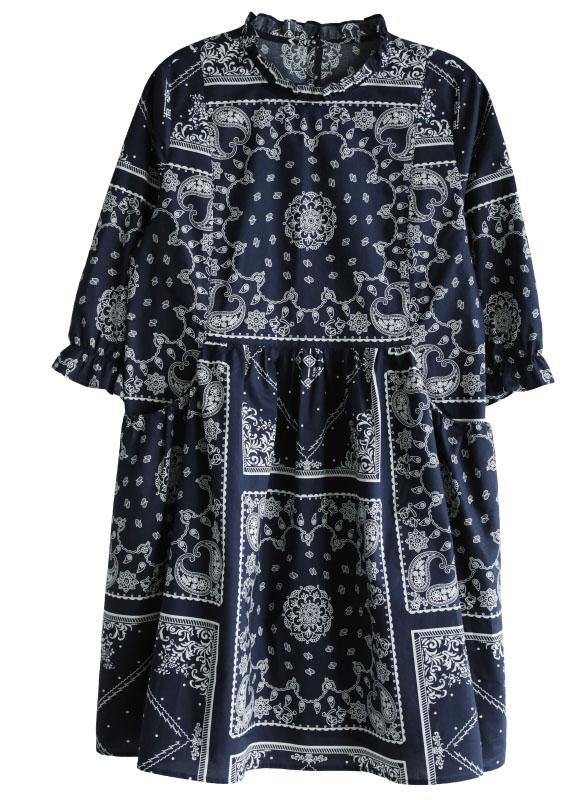 Boutique Navy Loose O-Neck Print Summer Cotton Dress Half Sleeve - bagstylebliss