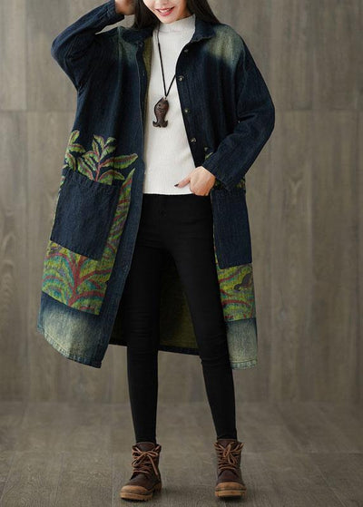 Boutique Navy Peter Pan Collar Pockets Button Print Fall Denim Long Sleeve Trench Coat - bagstylebliss