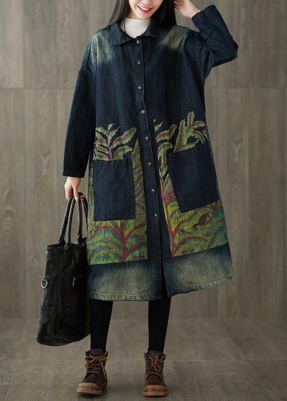 Boutique Navy Peter Pan Collar Pockets Button Print Fall Denim Long Sleeve Trench Coat - bagstylebliss