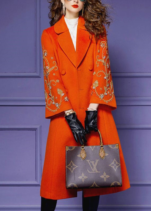 Boutique Orange Embroidered Tie Waist Patchwork Woolen Long Coat Fall