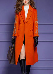 Boutique Orange Embroidered Tie Waist Patchwork Woolen Long Coat Fall