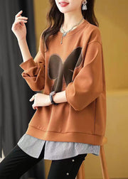 Boutique Orange Striped Patchwork Zircon Fake Two Pieces Sweatshirt Long Sleeve