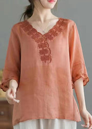 Boutique Orange V Neck Embroideried Linen Shirt Top Half Sleeve