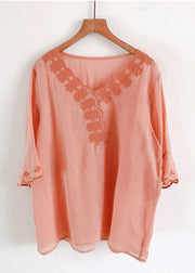 Boutique Orange V Neck Embroideried Linen Shirt Top Half Sleeve