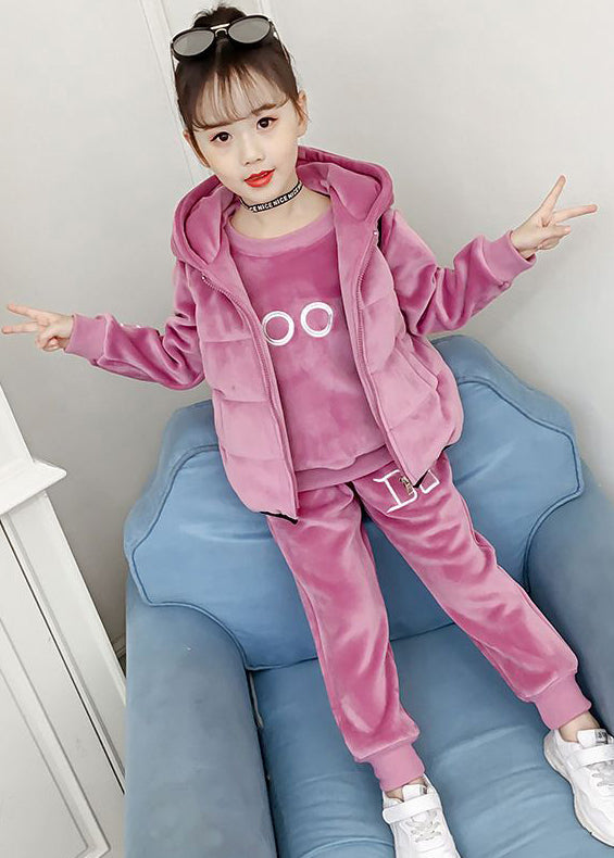 Boutique Pink Embroidered Tops And Pants Velour Girls Two Pieces Set Winter