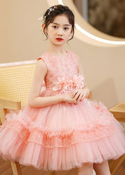 Boutique Pink Floral Nail Bead Tulle Baby Girls Maxi Dress Summer