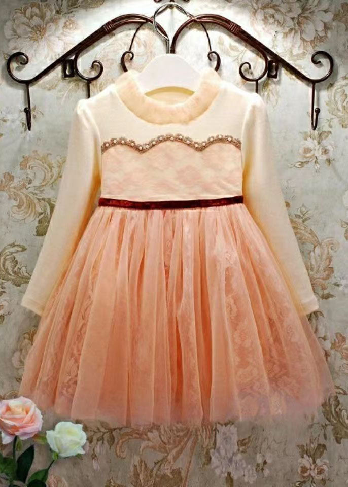 Boutique Pink O-Neck Ruffled Patchwork Tulle Kids Maxi Dresses Fall