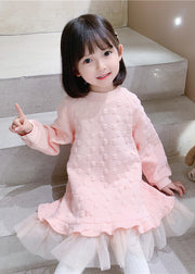 Boutique Pink O Neck Ruffled Tulle Patchwork Cotton Baby Girls Dress Fall