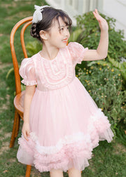 Boutique Pink Puff Sleeve Nail Bead Tulle Baby Girls Mid Dress Summer