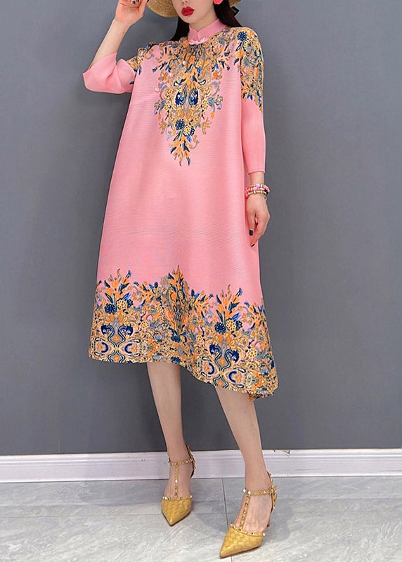 Boutique Pink Stand Collar Embroideried Print Satin Dresses Long Sleeve