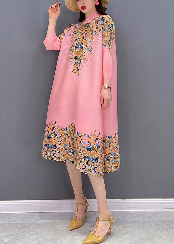 Boutique Pink Stand Collar Embroideried Print Satin Dresses Long Sleeve