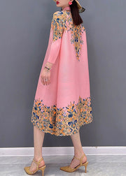 Boutique Pink Stand Collar Embroideried Print Satin Dresses Long Sleeve