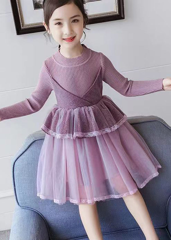 Boutique Purple O Neck Tulle Patchwork Knit Baby Girls Dress Fall