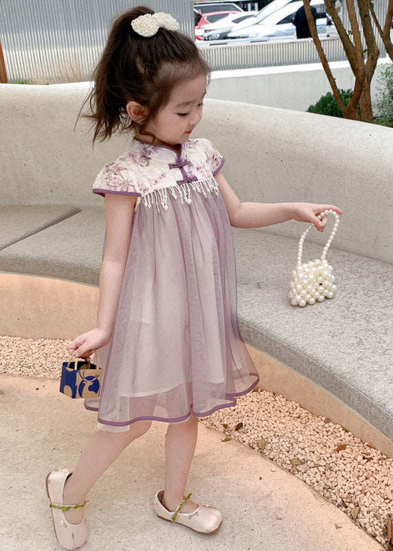 Boutique Purple Tasseled Bow Patchwork Tulle Kids Girls Dress Summer