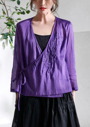 Boutique Purple Tie Waist Asymmetrical Design Summer Ramie Top - bagstylebliss