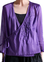 Boutique Purple Tie Waist Asymmetrical Design Summer Ramie Top - bagstylebliss