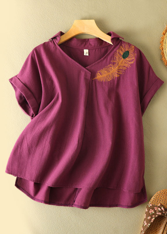 Boutique Purple V Neck Feathers Embroideried Cotton Blouses Short Sleeve