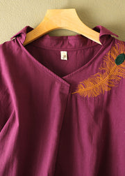 Boutique Purple V Neck Feathers Embroideried Cotton Blouses Short Sleeve