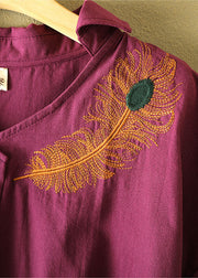 Boutique Purple V Neck Feathers Embroideried Cotton Blouses Short Sleeve