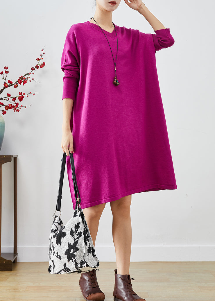 Boutique Purple V Neck Oversized Knit Dress Batwing Sleeve